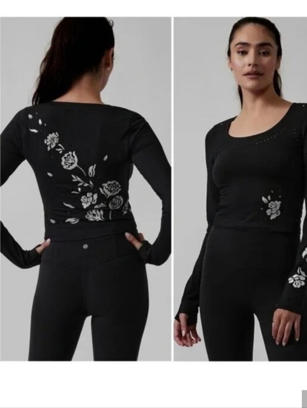 Athleta Black Shanti Eyelet Long-Sleeve Top